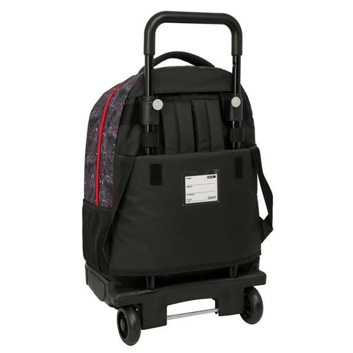 Ein schwarzer Rollrucksack mit Teleskopgriff. Die Tasche steht auf Rädern. Die Tasche hat ein rot-schwarzes Muster.