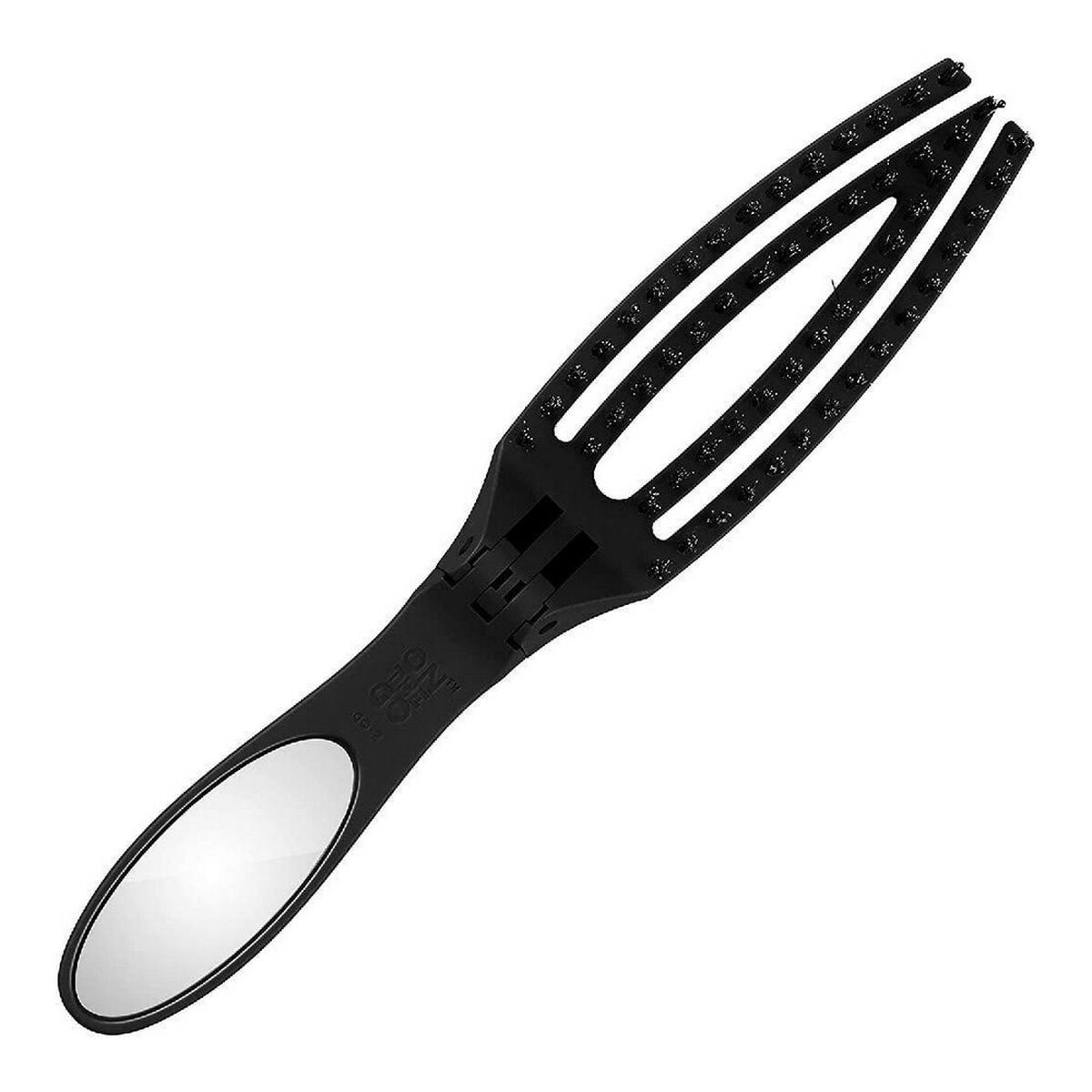 Un pettine nero con manico e specchio. Il pettine ha più denti con piccole setole. Il manico è etichettato.