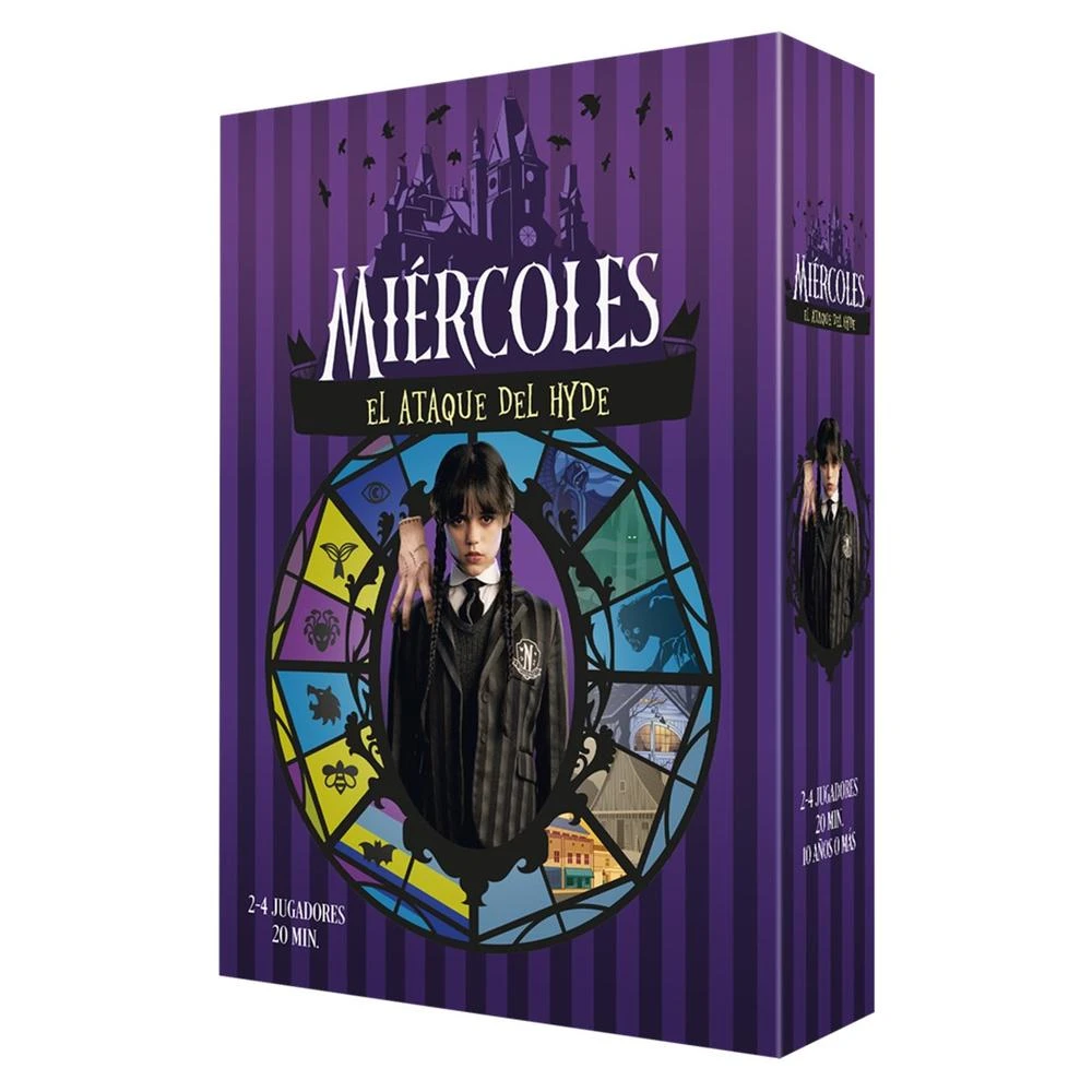 La caja del juego muestra a Miércoles Addams. El título es "MIÉRCOLES EL ATAQUE DEL HYDE". Fondo morado y diseño de vidriera.
