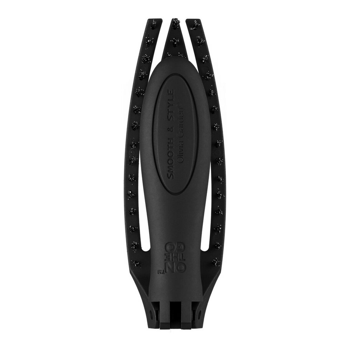 Uno strumento nero per lo styling dei capelli. Ha un manico e dei denti. Il testo dice 'Smooth & Style Olivia Garden' e 'On The Go'.
