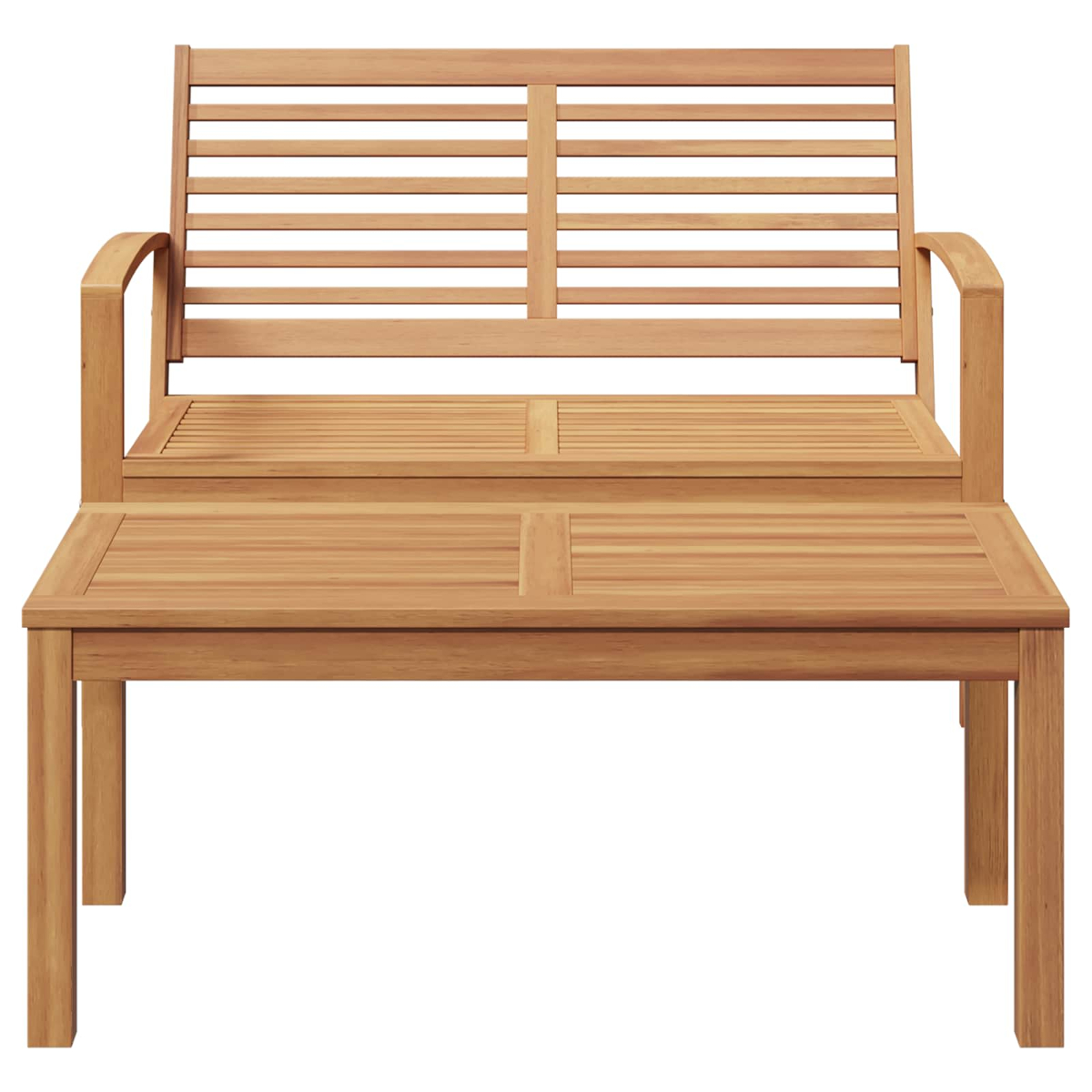 Holzbank und Tisch-Set auf weißem Hintergrund. Die Bank hat eine Lattenlehne und Armlehnen. Der Tisch ist rechteckig.