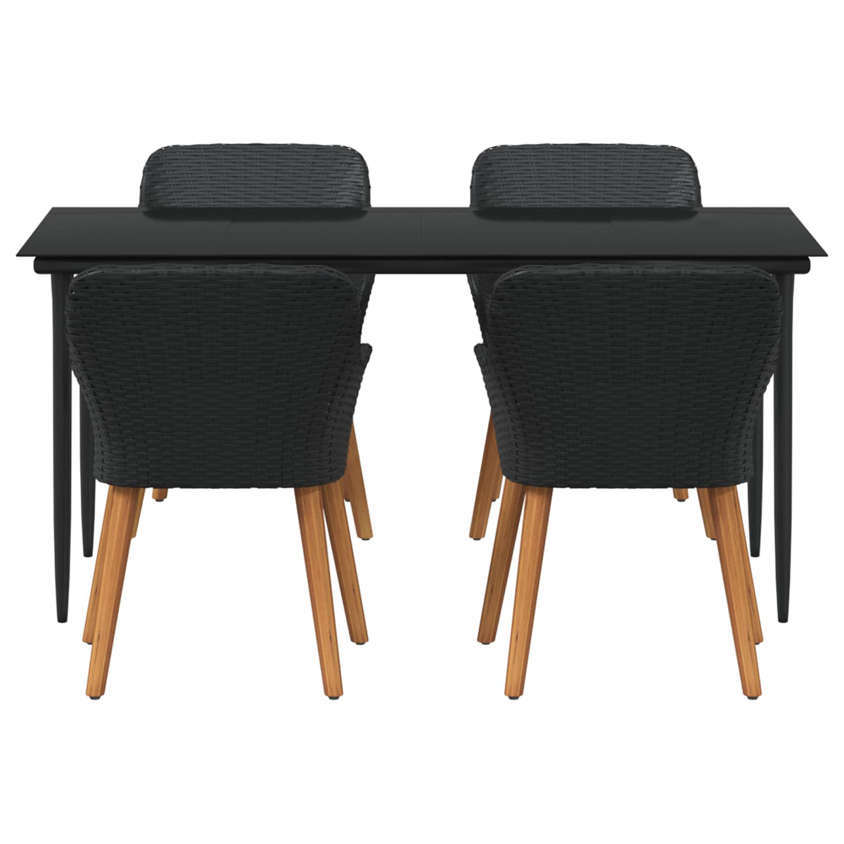 Ein schwarzer Tisch mit vier schwarzen Korbstühlen. Die Stühle haben Holzbeine, vor weißem Hintergrund.