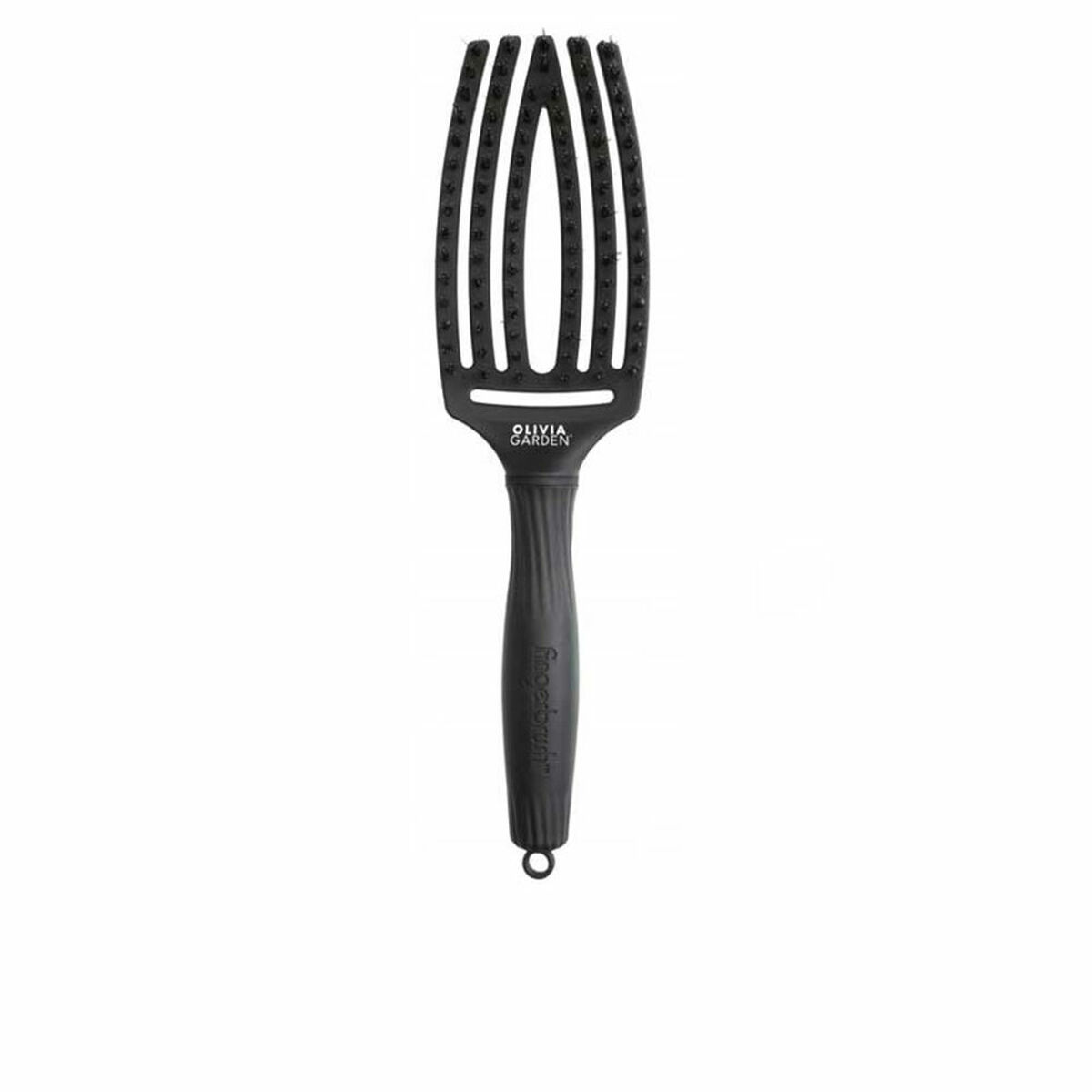 Una spazzola per dita Olivia Garden nera. Ha un manico e una testina con più denti e un foro all'estremità del manico.