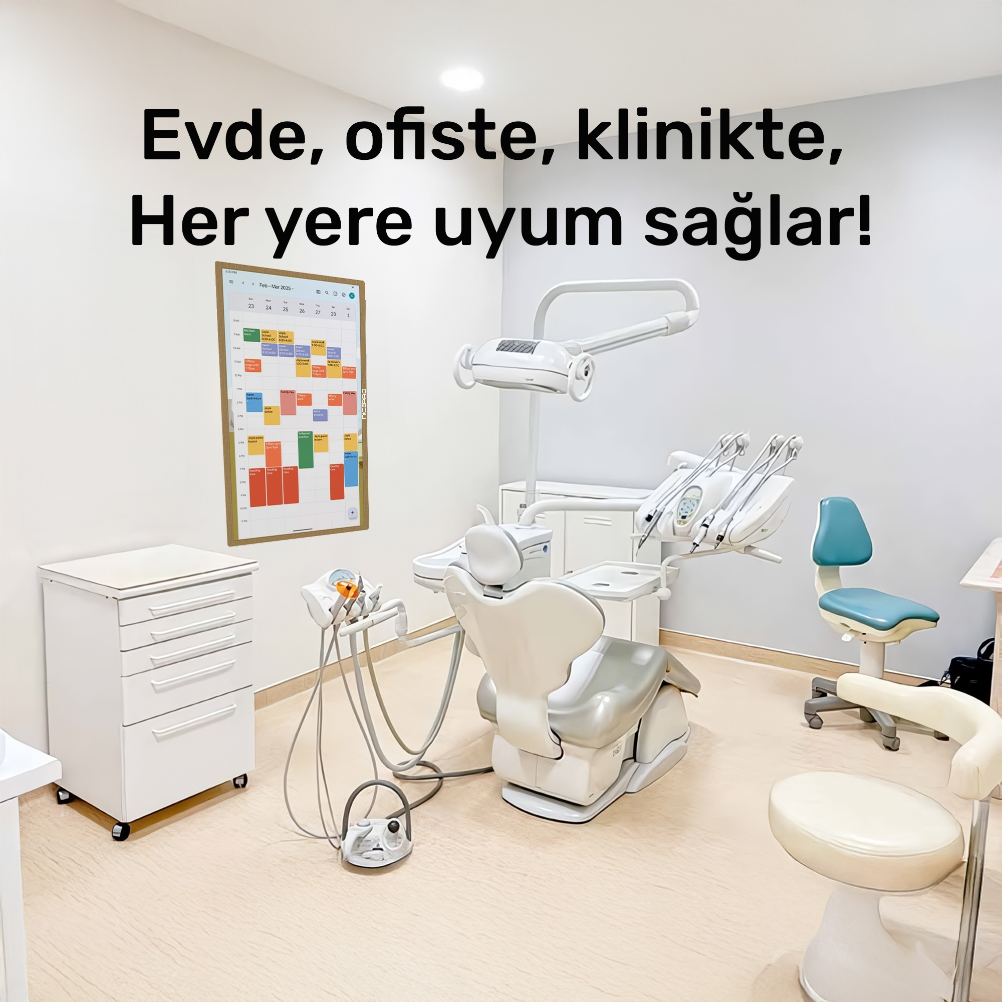 Dişçi kliniği, sandalye, takvim ve ekipman ile. Metin her yere uyum sağladığını söylüyor.