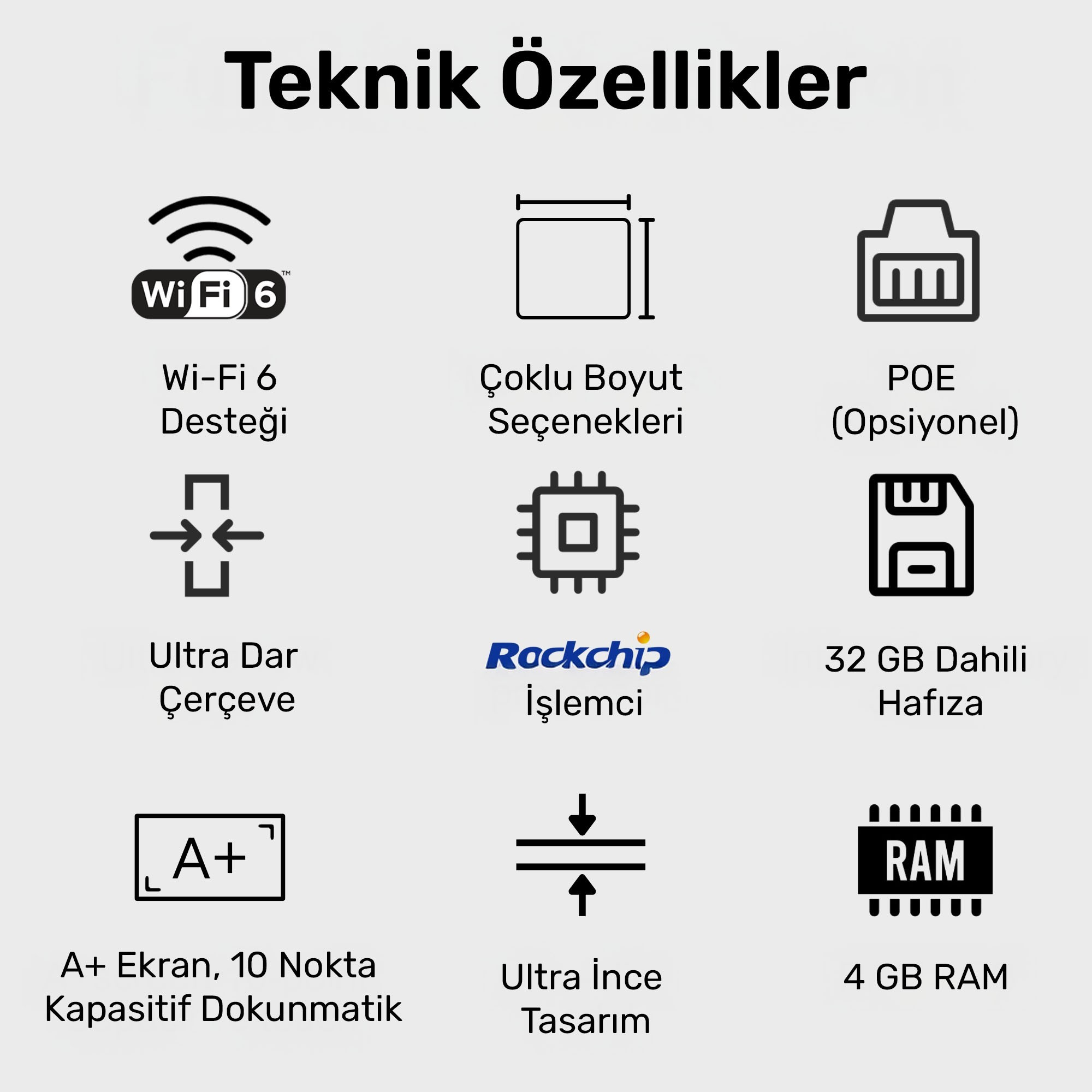 Özelliklerle resim: Wi-Fi 6, çoklu boyut seçenekleri, POE, dar çerçeve, Rockchip işlemci, 32 GB bellek, A+ ekran, ince tasarım, 4 GB RAM.