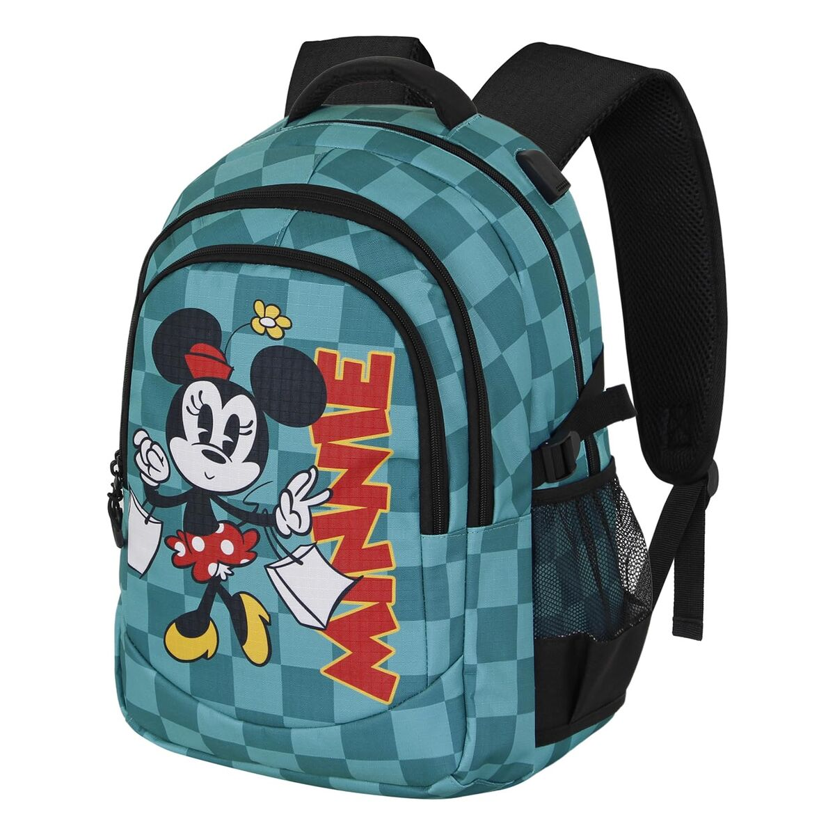 Ein tealfarbener Rucksack mit Schachbrettmuster. Er zeigt Minnie Mouse mit dem Wort 'MINNIE'. Er hat schwarze Träger und eine Seitentasche.