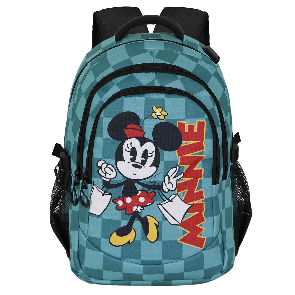 Ein türkisfarbener Rucksack mit Schachbrettmuster. Er zeigt Minnie Mouse mit Einkaufstüten. Das Wort "MINNIE" ist darauf gedruckt.