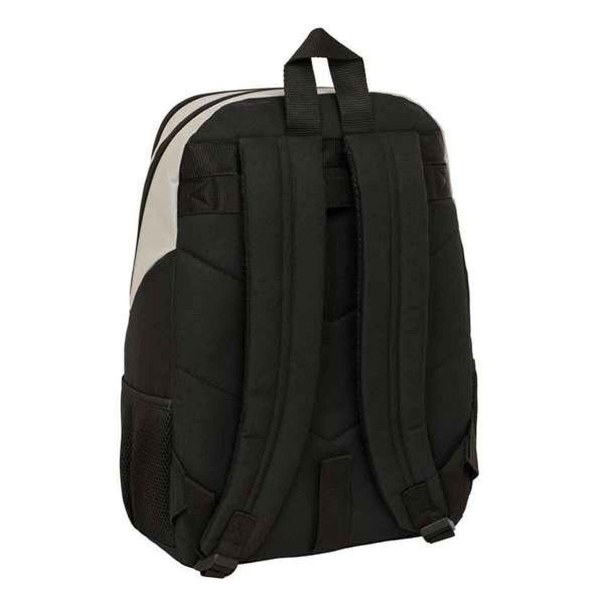 Schwarzer Rucksack mit grauen Akzenten, von hinten sichtbar. Mit gepolsterten Schultergurten, einem oberen Griff und einer Seitentasche.