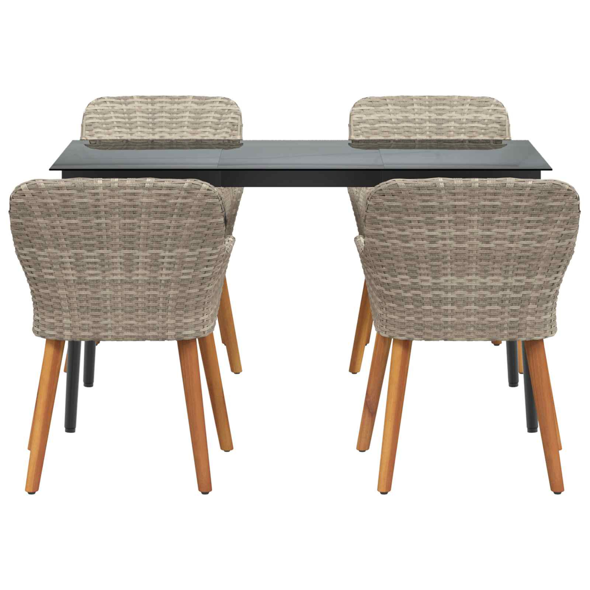 Ein Tisch mit schwarzer Platte und vier Korbstühlen mit Holzbeinen. Die Stühle sind um den Tisch angeordnet.