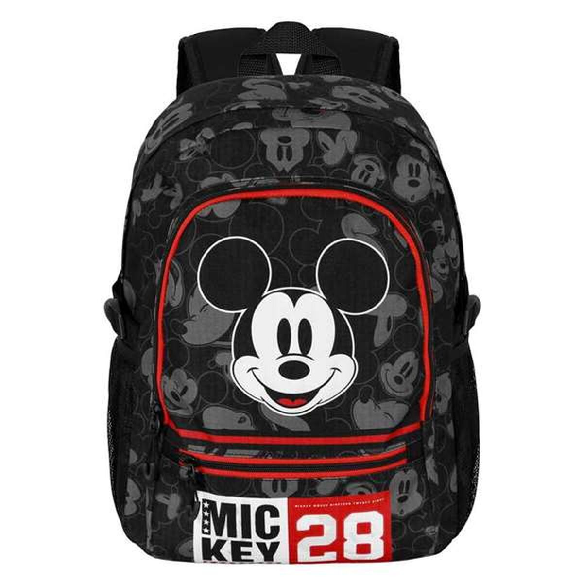 Schwarzer Mickey-Mouse-Rucksack mit roten Akzenten. Mickys Gesicht ist prominent. Enthält das Label 'MIC KEY 28'. Der Hintergrund hat Mickey-Muster.