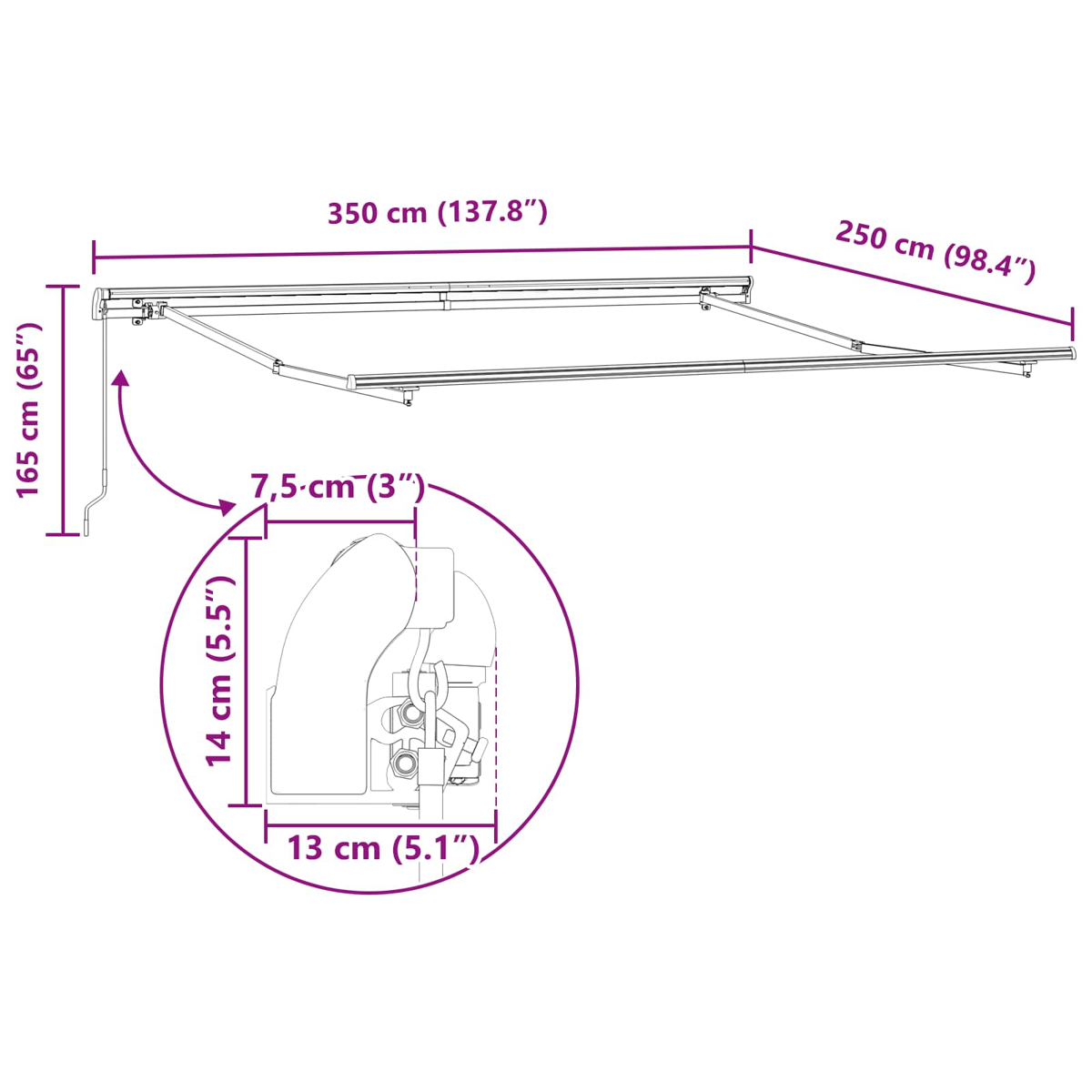 Diagramm einer Markise mit Abmessungen in cm und Zoll. Zeigt Breite, Höhe und eine Detailansicht des Mechanismus.