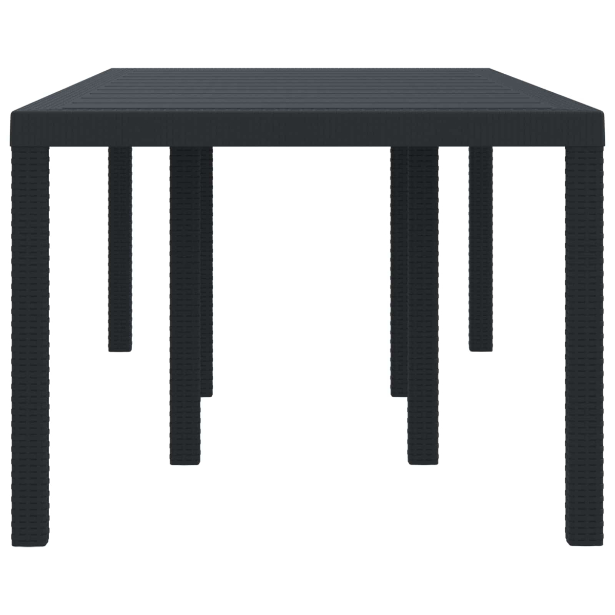 Una mesa cuadrada gris oscuro con cuatro patas. La mesa es de material texturizado, sobre un fondo blanco.