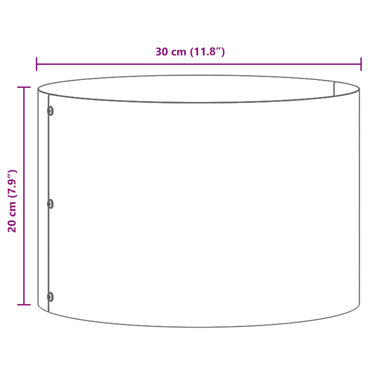 Un oggetto cilindrico è mostrato con dimensioni: 30 cm (11,8") di larghezza e 20 cm (7,9") di altezza. Viti visibili sul lato.
