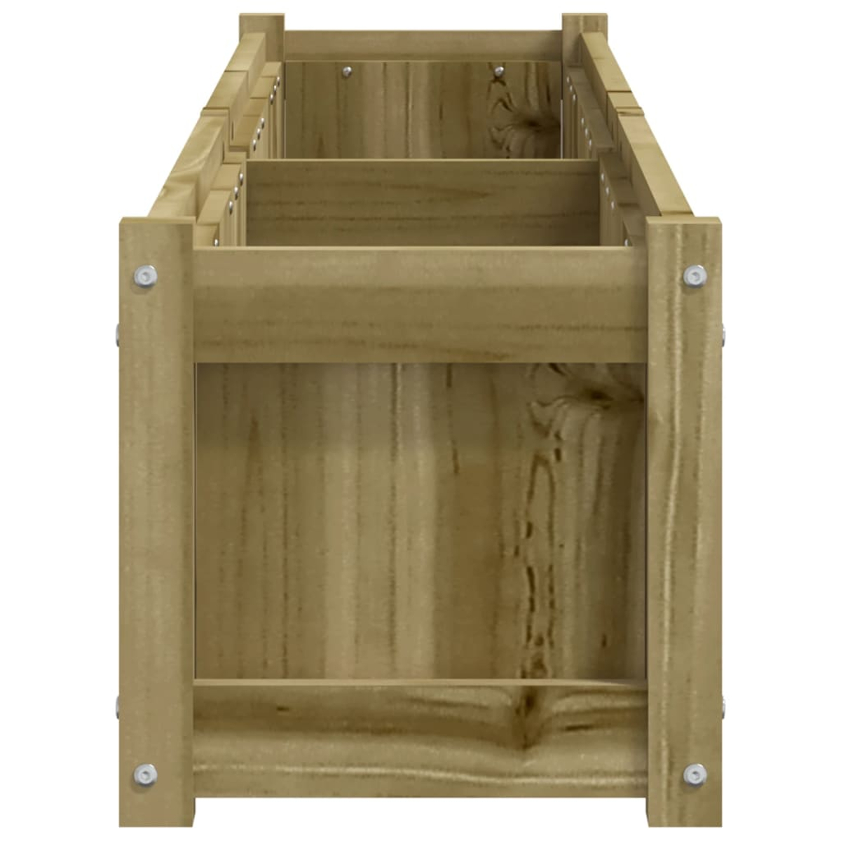 Rechteckiger Pflanzkasten aus Holz. Er hat vertikale und horizontale Holzbalken, die mit Metallschrauben verbunden sind. Die Farbe ist hellbraun.