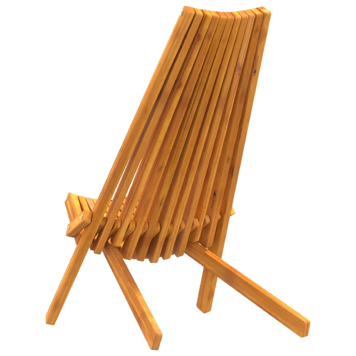 Ein Holzstuhl mit Lattenrücken und Sitzfläche ist vor weißem Hintergrund abgewinkelt. Der Stuhl ist braun und wirkt neu.