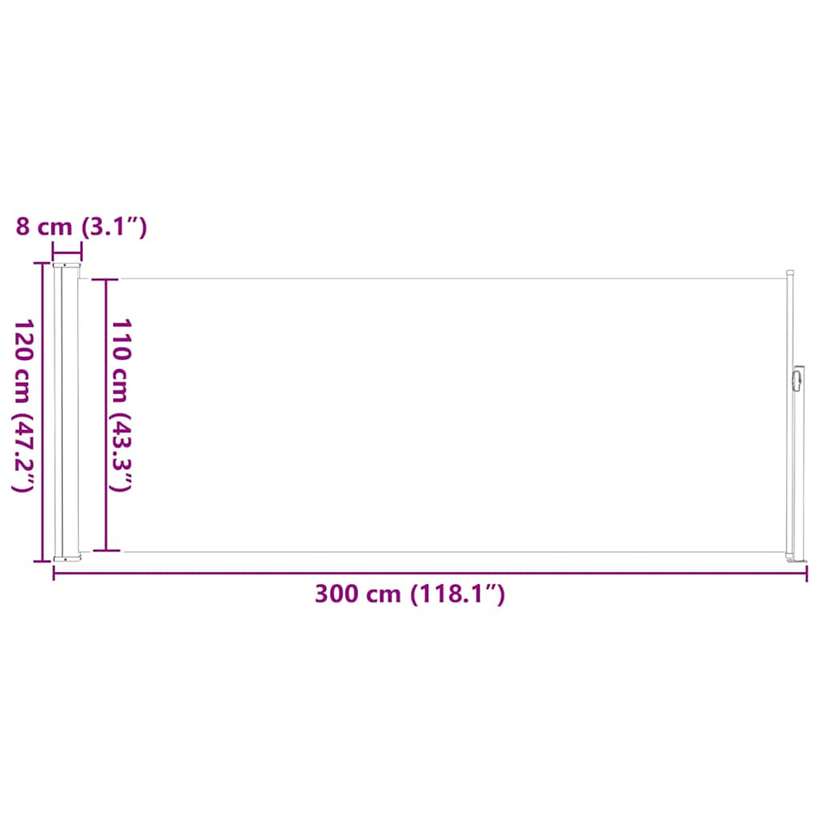 Diagramm mit Abmessungen eines rechteckigen Objekts. Länge 300 cm, Höhe 120 cm, Breite 8 cm.