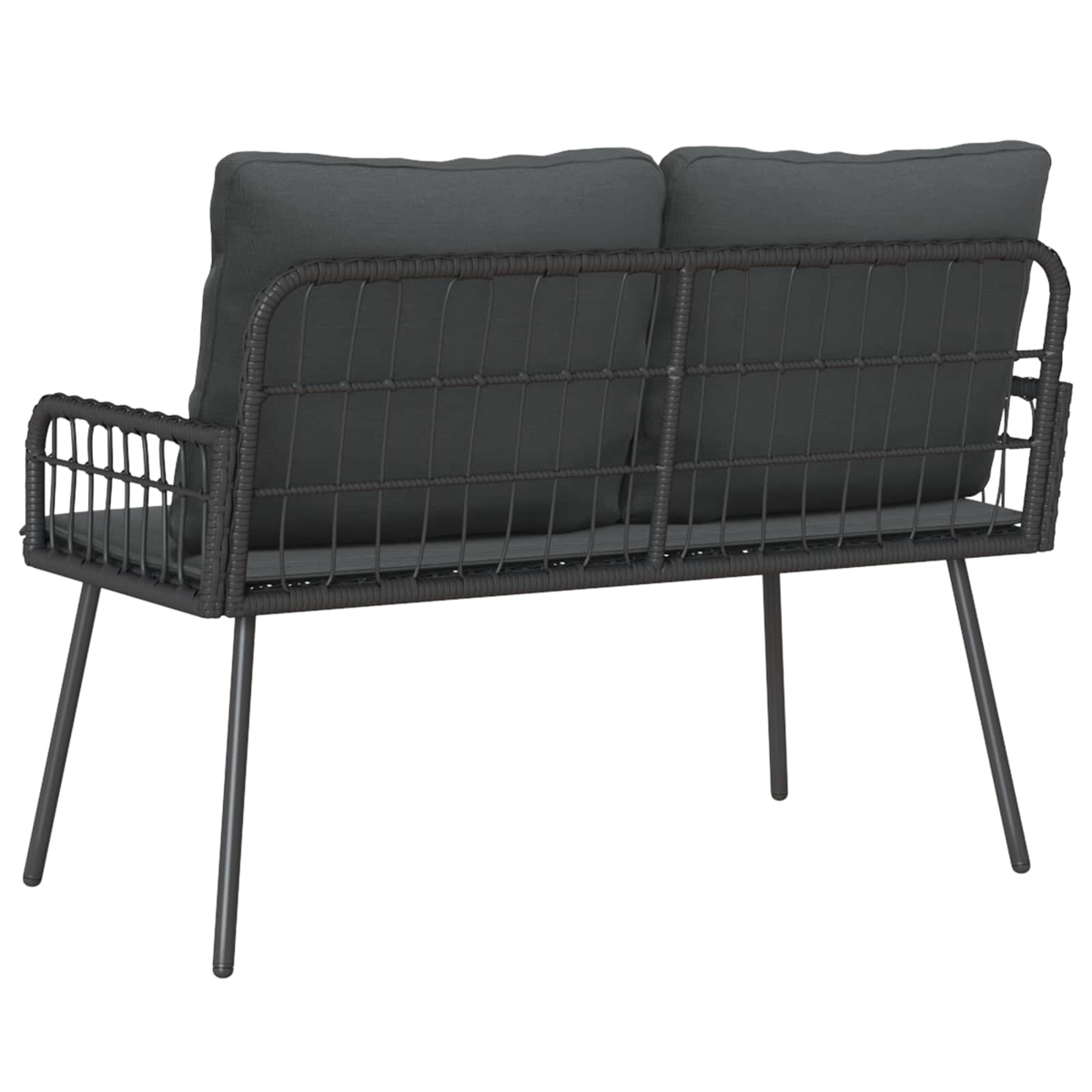 Dunkelgraue Outdoor-Liebescouch von hinten. Sie hat einen gewebten Rahmen, graue Kissen und dünne Metallbeine.