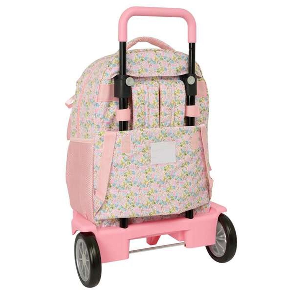 Ein rosa Rucksack mit Rollen und floralem Muster. Er hat schwarze Griffe und Räder. Netztasche an der Seite und eine Vordertasche.