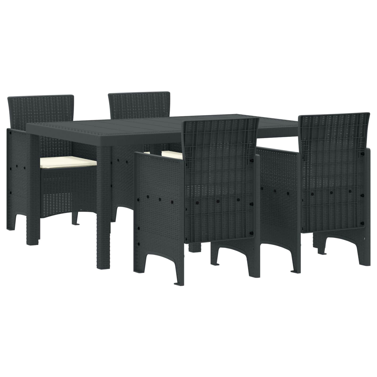 Dunkelgraues Rattan-Ess-Set für den Außenbereich mit rechteckigem Tisch und vier Stühlen mit cremefarbenen Sitzkissen. Weißer Hintergrund.