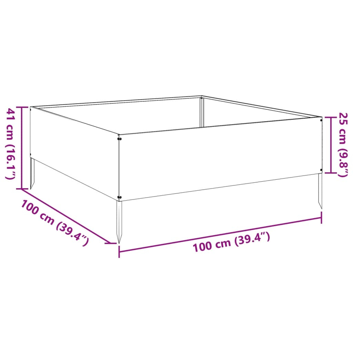 Ein quadratisches Hochbeet mit Maßangaben: 100cm x 100cm, Höhe 41cm und 25cm. Es wird mit einem Diagramm dargestellt.