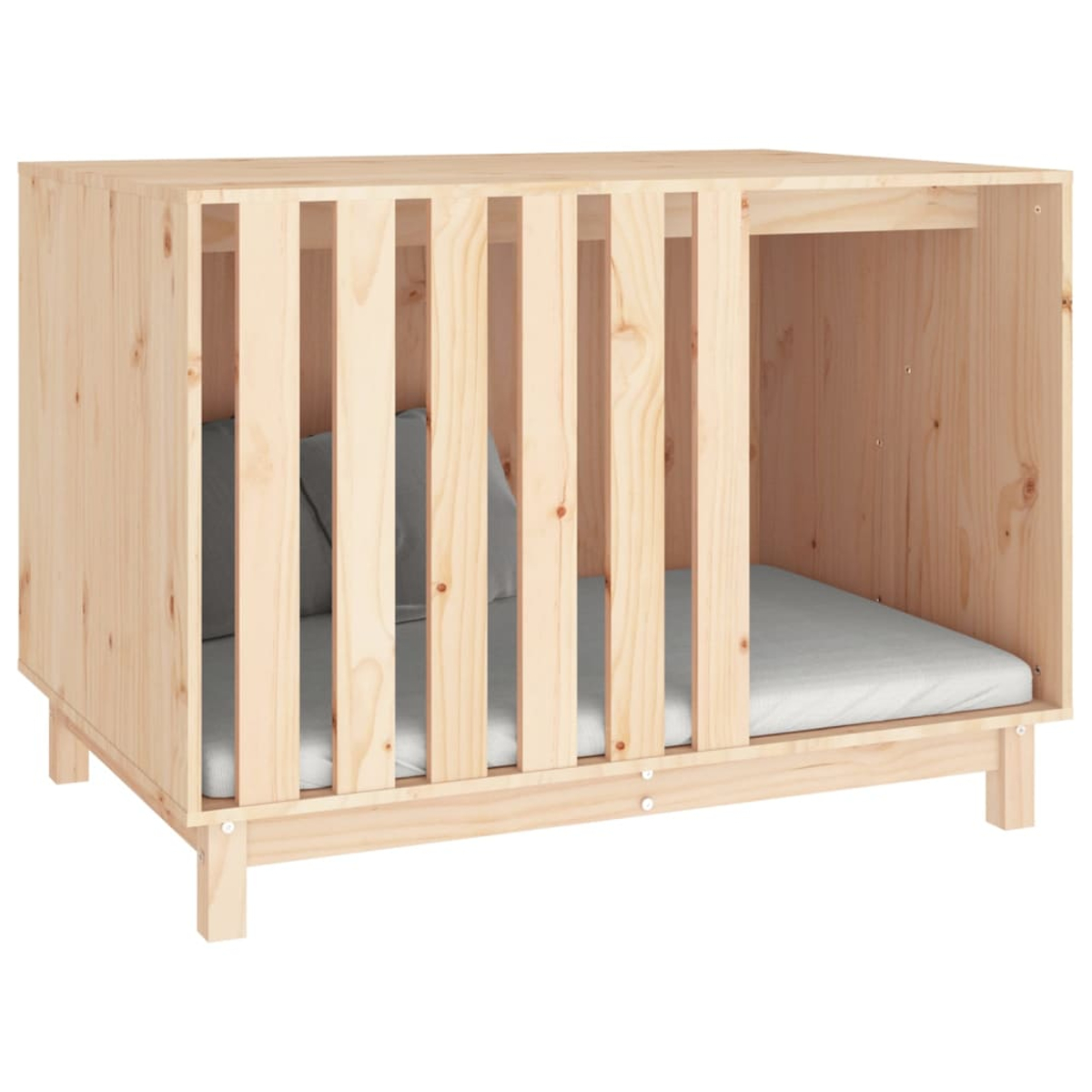 Hundehaus aus Holz mit Bett und Kissen. Die Struktur ist hellbraun mit vertikalen Stäben an der Vorderseite.