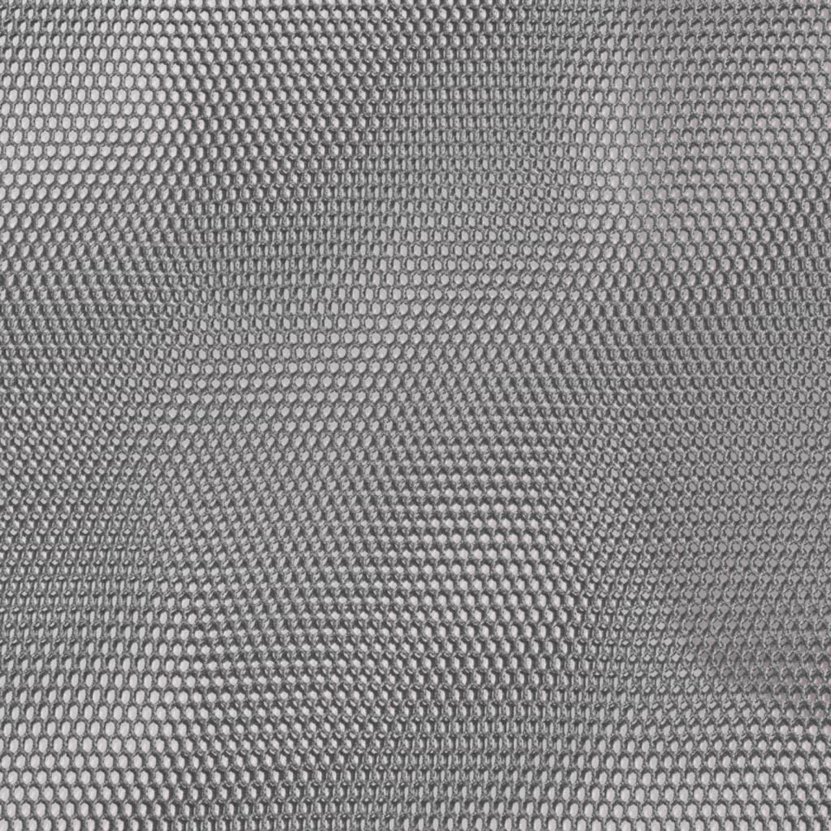 Nahaufnahme eines grauen Mesh-Materials mit einem Muster aus kleinen, miteinander verbundenen sechseckigen Formen. Die Textur wirkt leicht uneben.