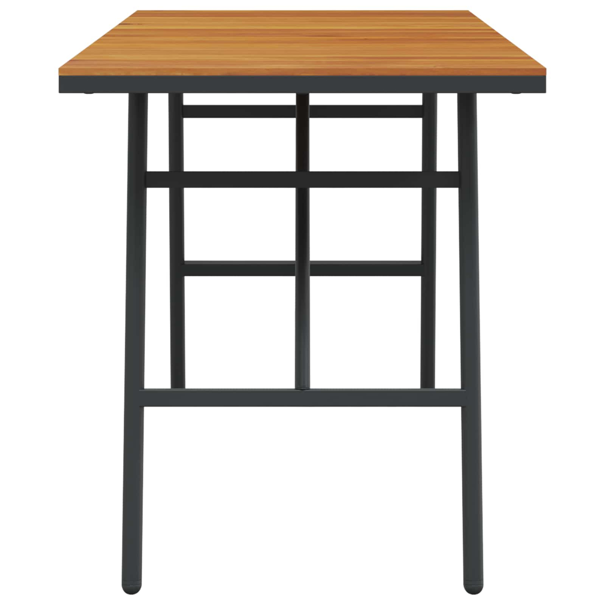 Ein quadratischer Holztisch mit einem schwarzen Metallrahmen. Die Tischplatte ist braun. Der Rahmen hat ein gitterartiges Design.