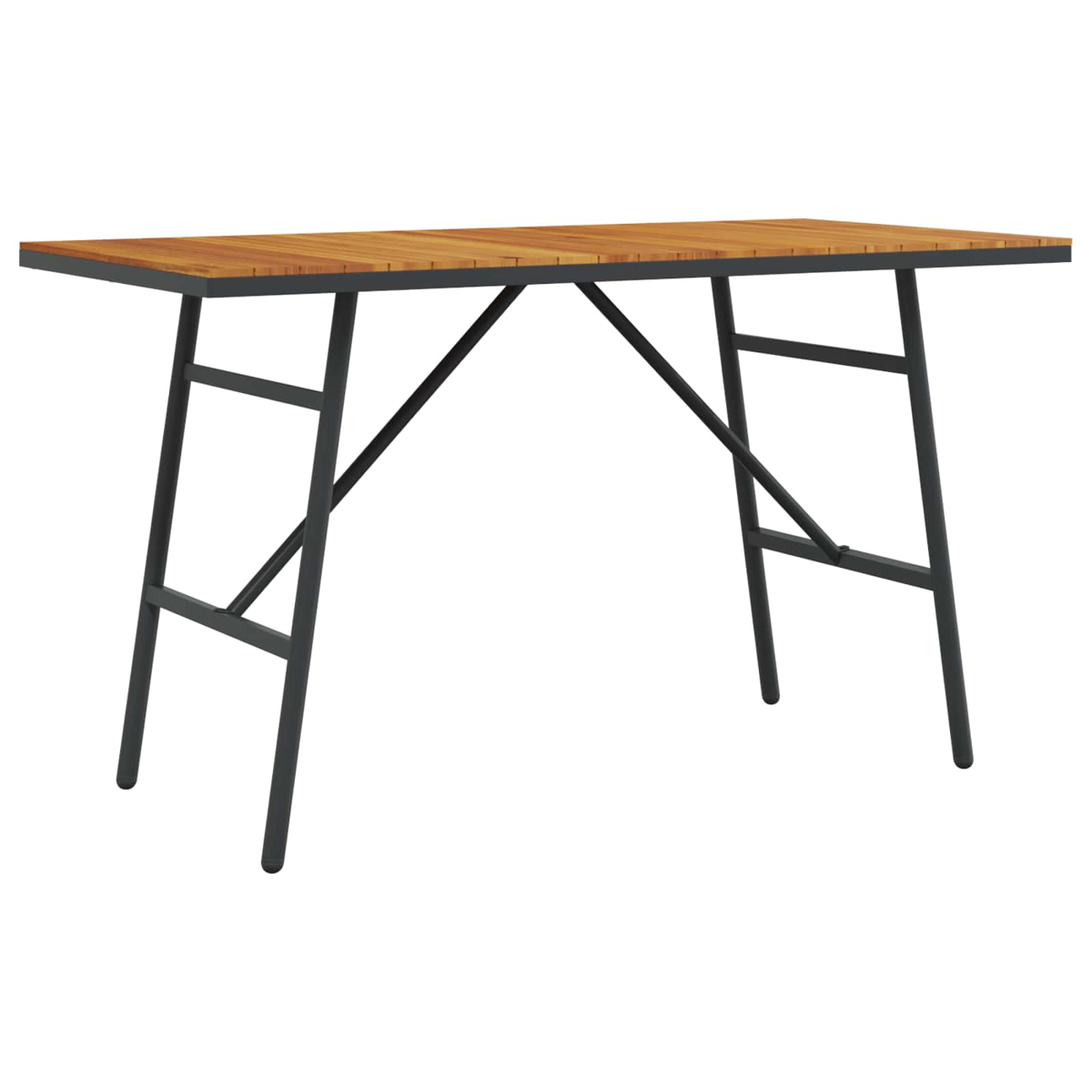 Ein rechteckiger Holztisch mit schwarzem Metallrahmen. Die Tischplatte ist hellbraun mit sichtbarer Holzmaserung.