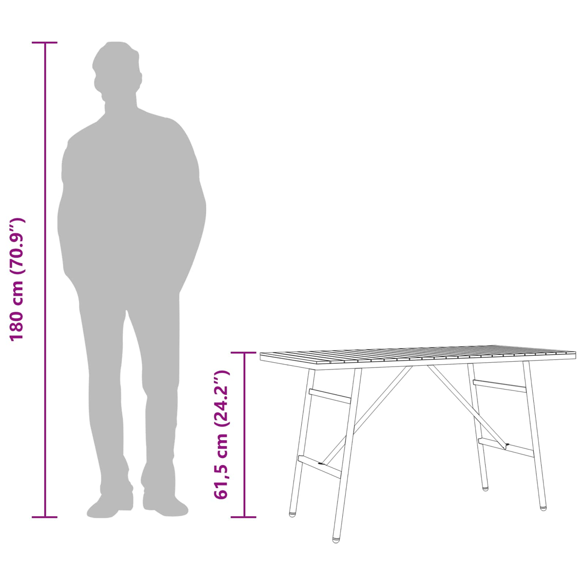 Eine Silhouette einer Person steht neben einem Holztisch. Die Person ist 180 cm groß. Der Tisch ist 61,5 cm hoch.