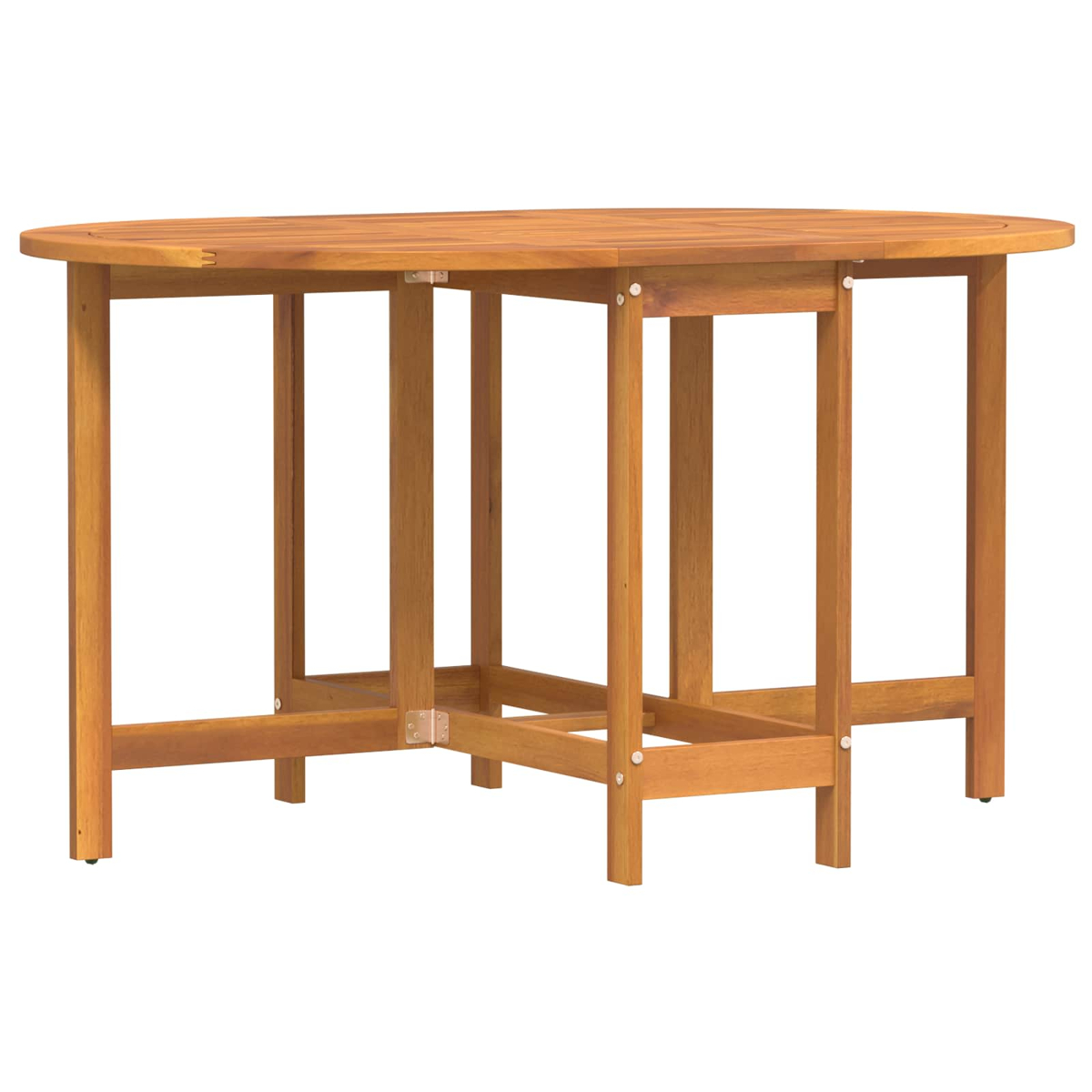 Ein ovaler Holztisch mit vier Beinen. Der Tisch ist braun und der Hintergrund ist weiß.