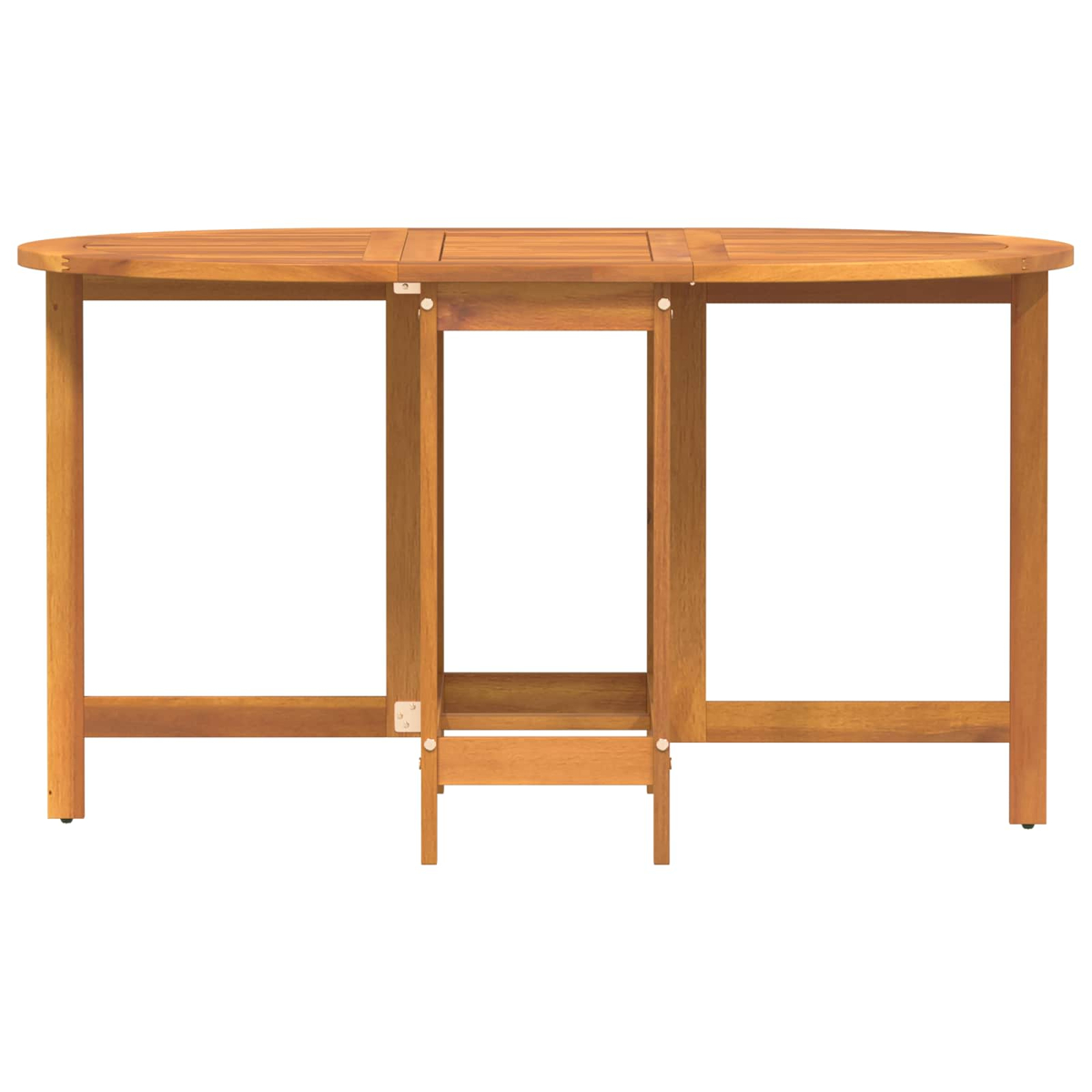 Ein Holztisch mit ovaler Platte. Er hat einen Mittelteil und Beine. Der Tisch ist aus hellbraunem Holz und ist leer.