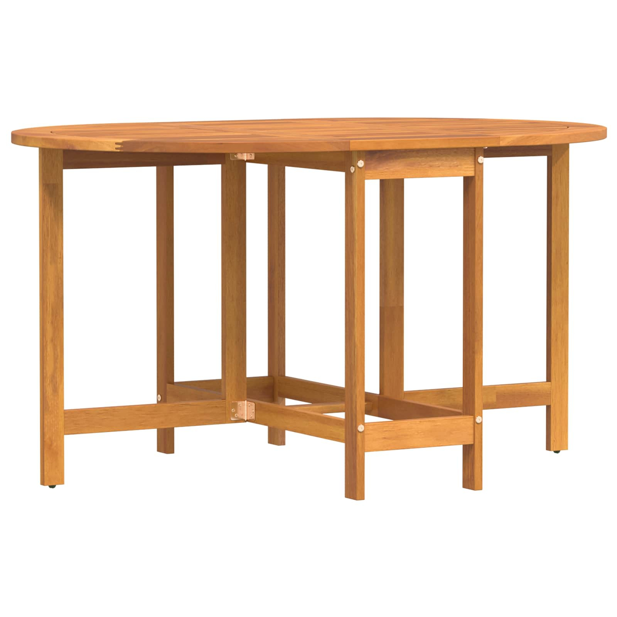 Ein ovaler Holztisch. Er hat vier Beine und eine Lattenoberfläche. Die Farbe ist hellbraun und der Hintergrund ist weiß.