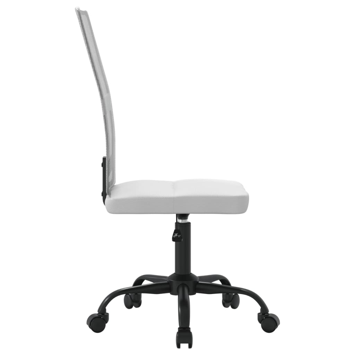 Seitenansicht eines Bürostuhls. Er hat einen weißen Sitz und eine Netzrückenlehne. Das Gestell und die Räder sind schwarz.