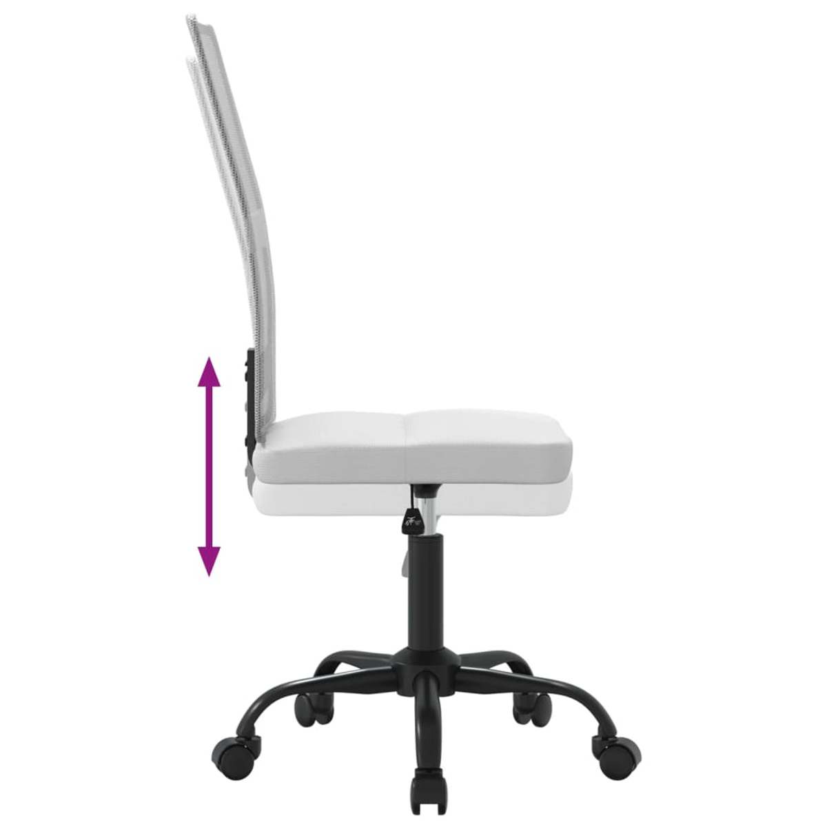Seitenansicht eines Bürostuhls. Er hat einen weißen Sitz und Rücken, ein schwarzes Gestell und Rollen. Ein lila Pfeil zeigt die Höhenverstellung an.