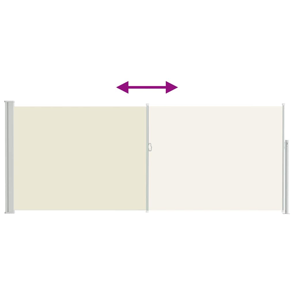 Uno schermo retrattile beige con una freccia viola che indica il movimento orizzontale. Lo schermo è diviso in due parti.
