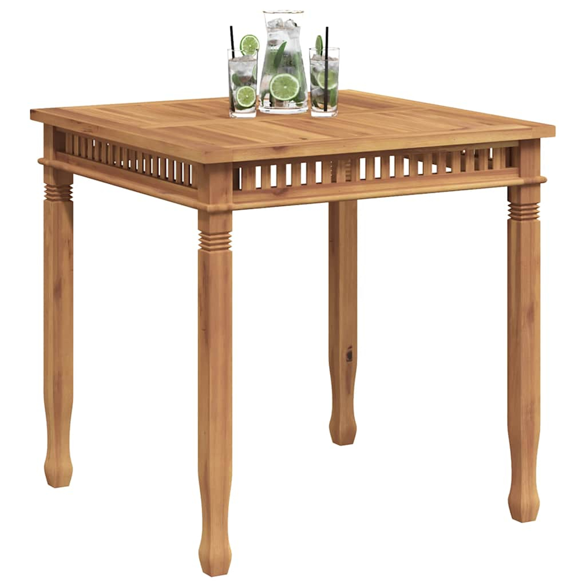 Quadratischer Holztisch mit Getränken. Limettenscheiben und Minze in Gläsern und einem Krug. Hellbrauner Tisch mit vier Beinen.