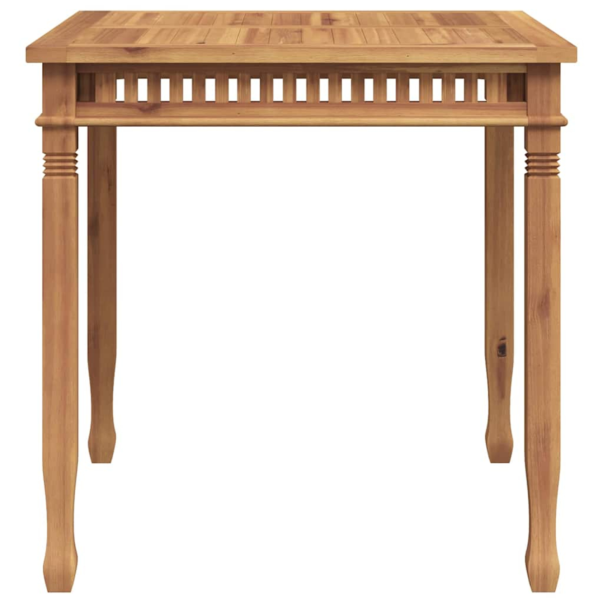 Ein quadratischer Holztisch mit vier Beinen. Der Tisch ist hellbraun und hat ein Lattenrost-Design auf der Oberseite und an den Seiten.