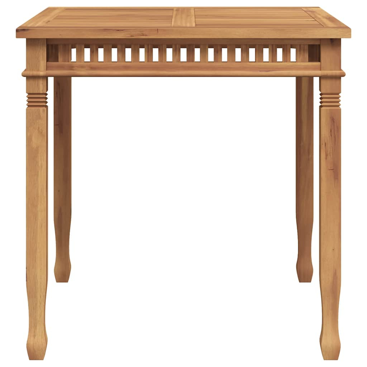 Ein quadratischer, hellbrauner Holztisch mit vier Beinen. Die Oberseite hat ein Lamellendesign und die Beine sind leicht gebogen.