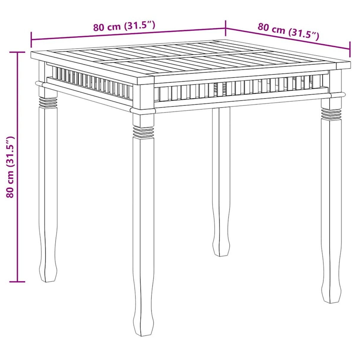 Illustration eines quadratischen Holztisches mit vier Beinen. Die Abmessungen sind mit 80 cm angegeben.