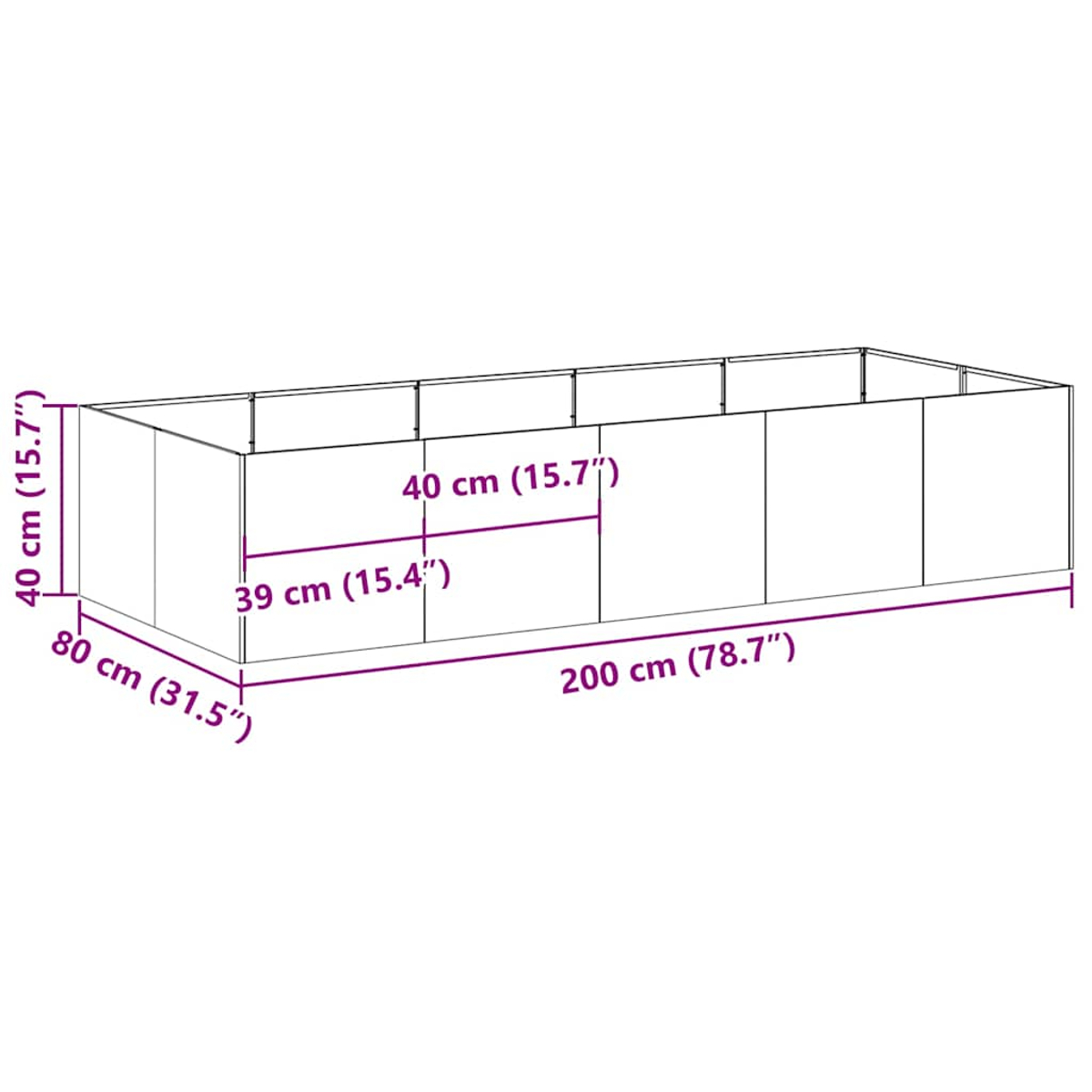 Una struttura rettangolare con dimensioni in cm e pollici. Ha pannelli laterali e un telaio superiore, suggerendo un design modulare.