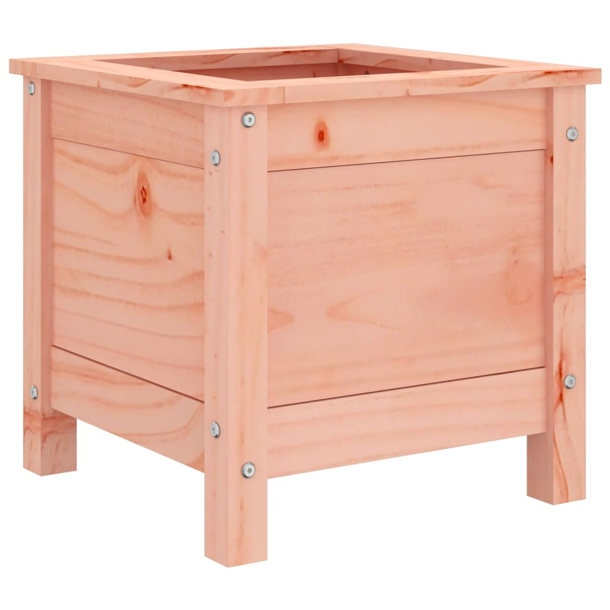 Ein quadratischer Holzpflanzer mit sichtbarer Holzmaserung. Es hat vier Beine und wird mit Schrauben zusammengehalten. Das Holz ist hellbraun.