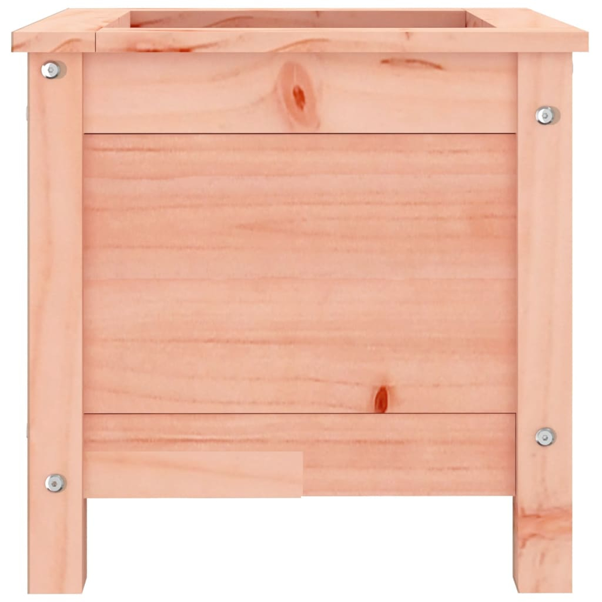 Ein quadratischer Holzblumentopf, hellbraun mit sichtbarer Holzmaserung. Metallbolzen sichern den Rahmen. Die Oberseite ist offen.