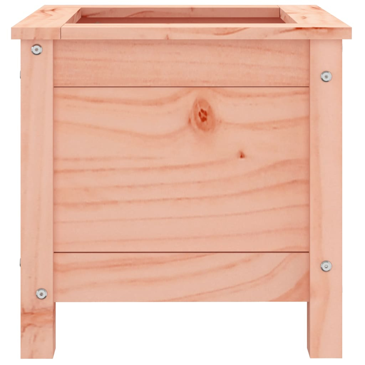 Ein quadratischer Holzpflanzer, hellbraun, mit sichtbarer Holzmaserung und Metallschrauben an den Ecken.