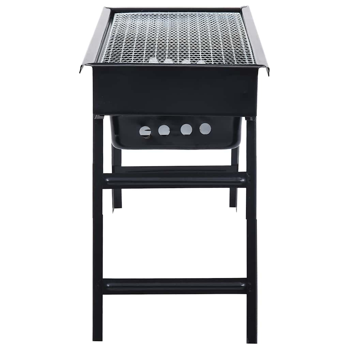Ein schwarzer Grill mit Drahtgitter oben, getragen von einem schwarzen Metallrahmen. Er hat einen unteren Teil mit Luftlöchern.