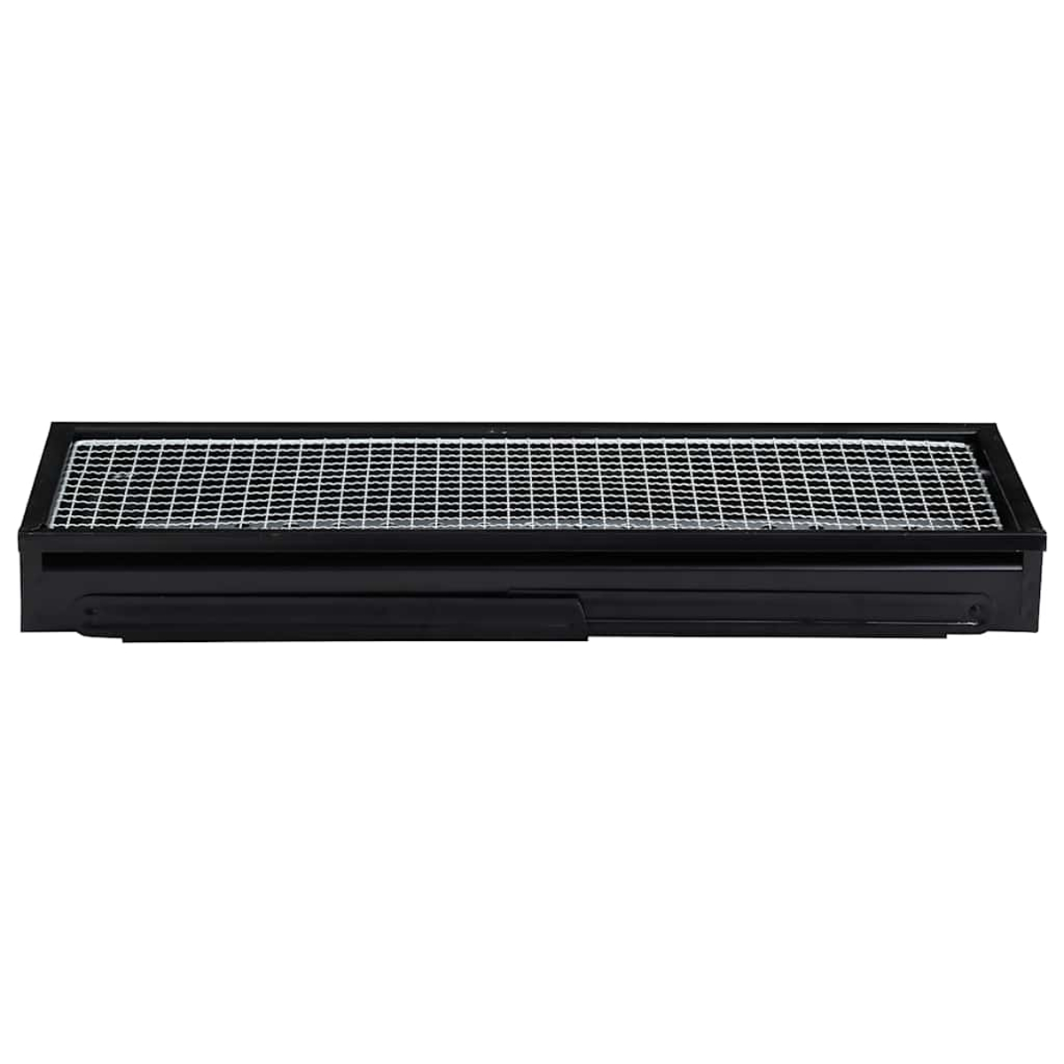 Ein rechteckiger schwarzer Metallgrill mit einem Drahtgeflecht oben ist auf weißem Hintergrund isoliert. Der Grill ist leer.