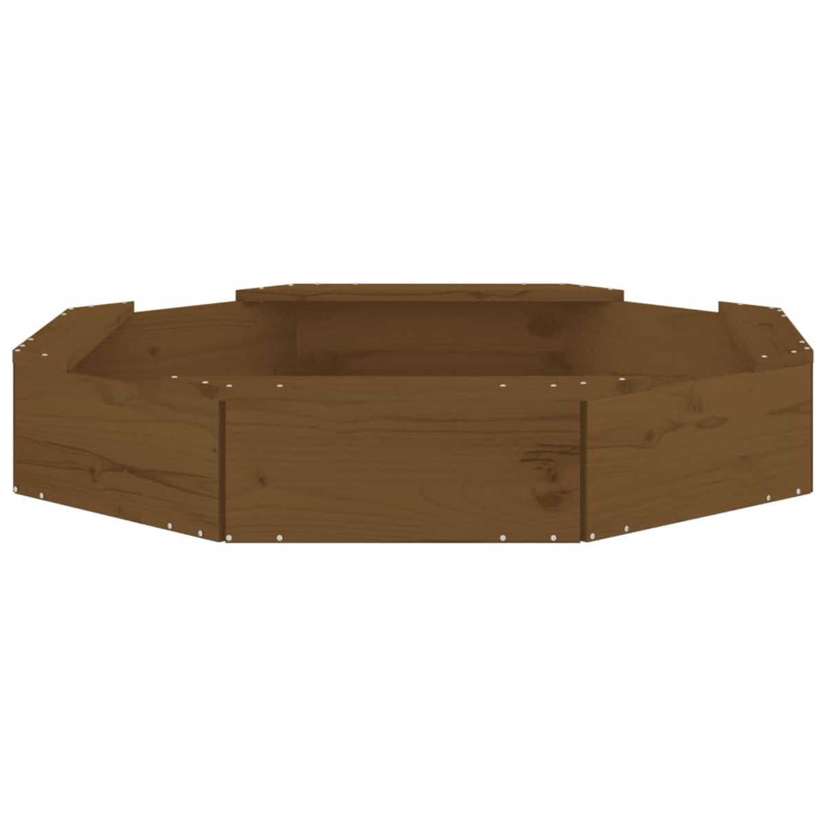 Una fioriera ottagonale in legno marrone. Ha un bordo superiore rialzato ed è vuota. Lo sfondo è bianco.