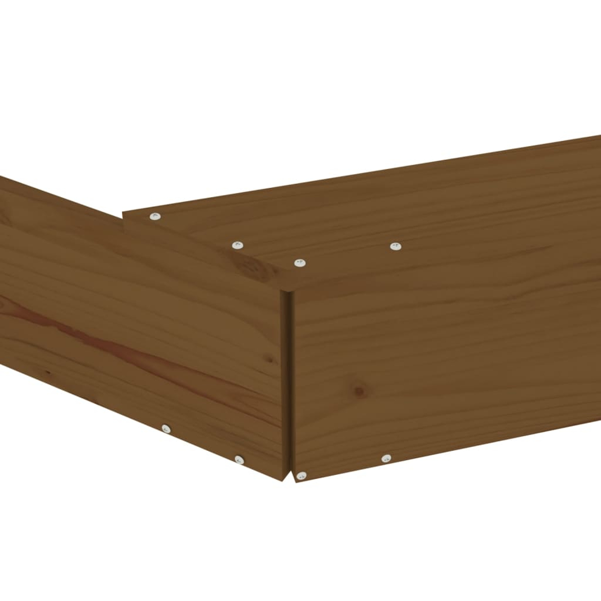 Primo piano di un angolo di legno. Tavole di legno marrone unite con viti metalliche. Sfondo bianco.