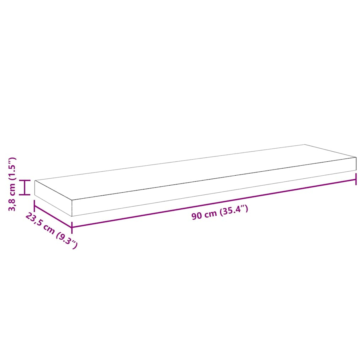 Ein weißes rechteckiges Regal mit Abmessungen in cm und Zoll. Es ist 90 cm lang, 23,5 cm breit und 3,8 cm dick.