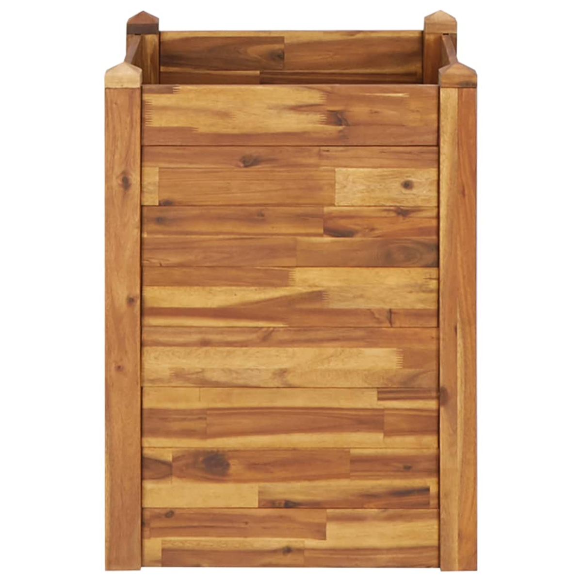 Ein rechteckiger Pflanzkasten aus Holz. Die Box besteht aus Holzbrettern. Die Ecken haben vertikale Holzbalken, eine natürliche Holzfarbe.