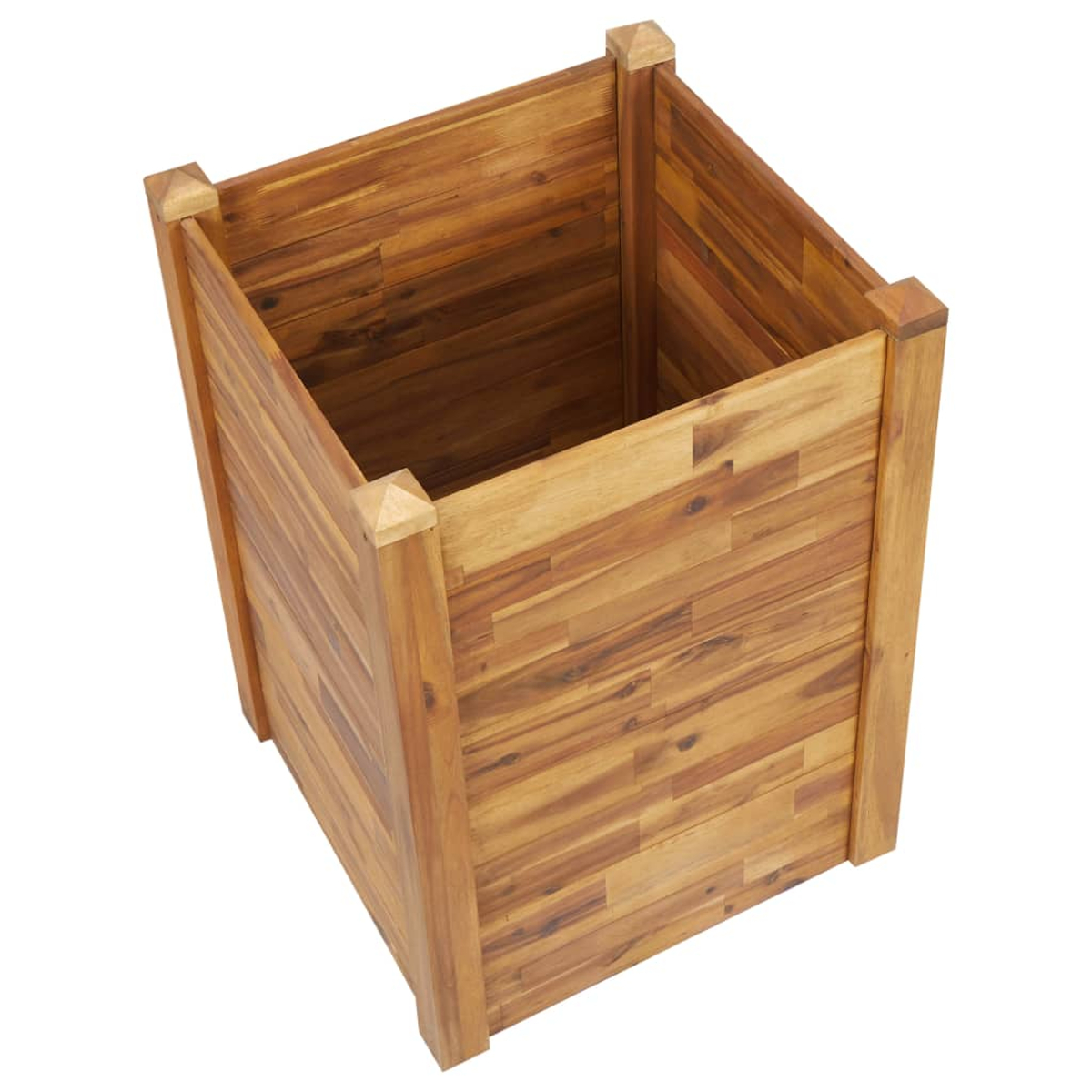 Ein quadratischer Holzpflanzer, leer, mit sichtbarer Holzmaserung. Er ist braun und hat eine hellbraune quadratische Leiste an den Ecken.